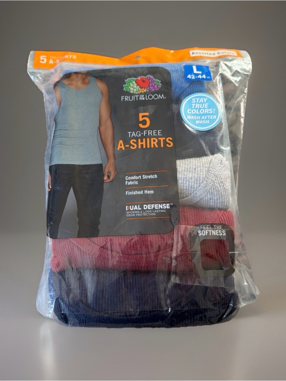 Fruit of the Loom Men's Size L Tag-Free A-Shirts. 5 Pack. Assorted Colors. New